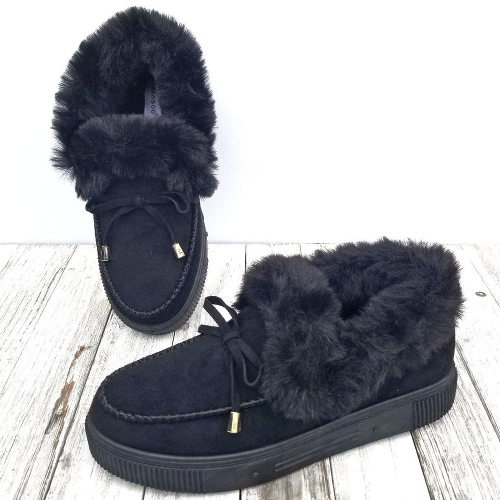 New Black Furry Moccasin Slip on Slipper Loafers - Picture 3 of 5